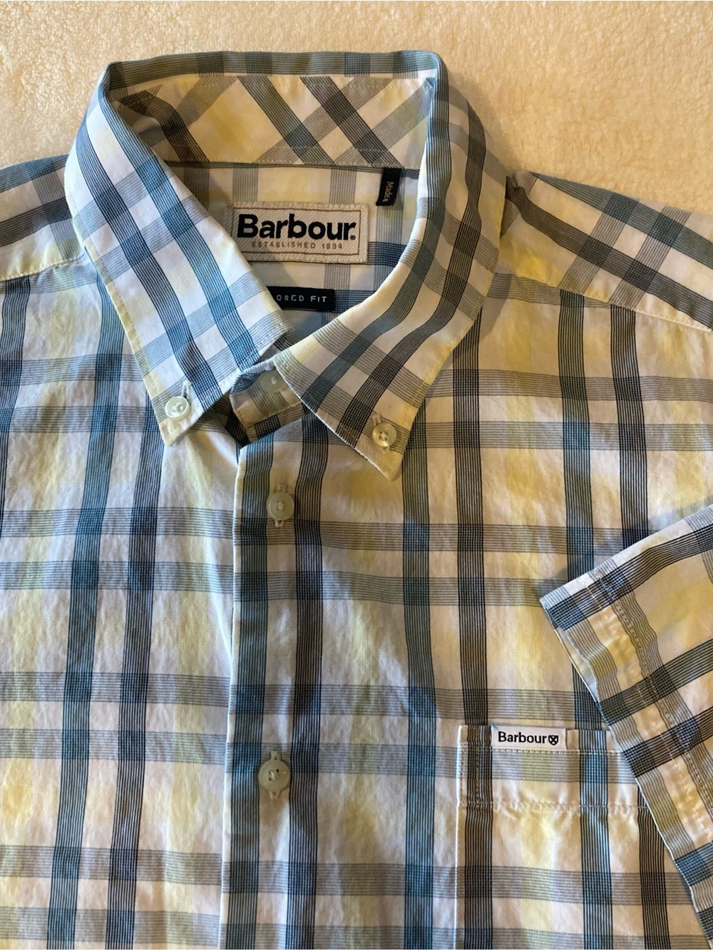 BARBOUR Aqua Yellow Tattersall LONGSTONE Short Sleeve Cotton Shirt. Size Medium.